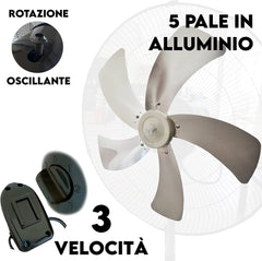 Ventilatore a Piantana Potente 5 Pale in Metallo 75W Oscillazione 3 Velocità