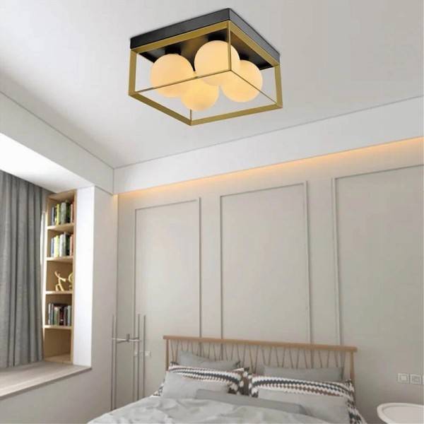 Plafoniera Da Soffitto Lampada In Metallo Nero Bronzo Con 4 Sfere Vetro