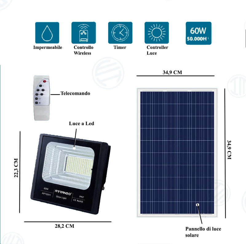 Faro Energia Solare Led Esterno Con Pannello E Telecomando 60 W