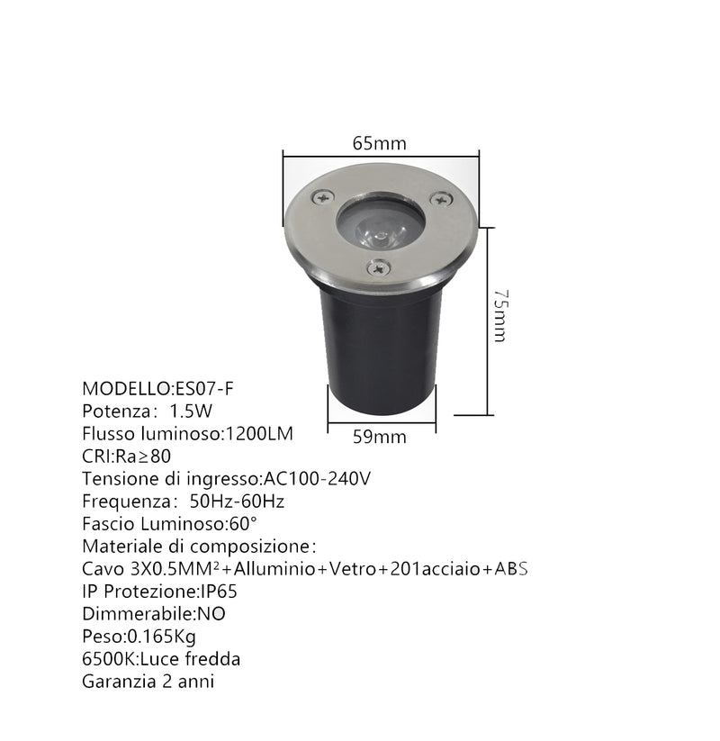 Faretto Led Rotondo Da Incasso A Terra 1.5W Ip65 Es07