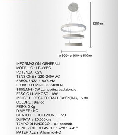 Lampadario Led 62watt Design Ad Anelli Effetto Cristallo Lp26