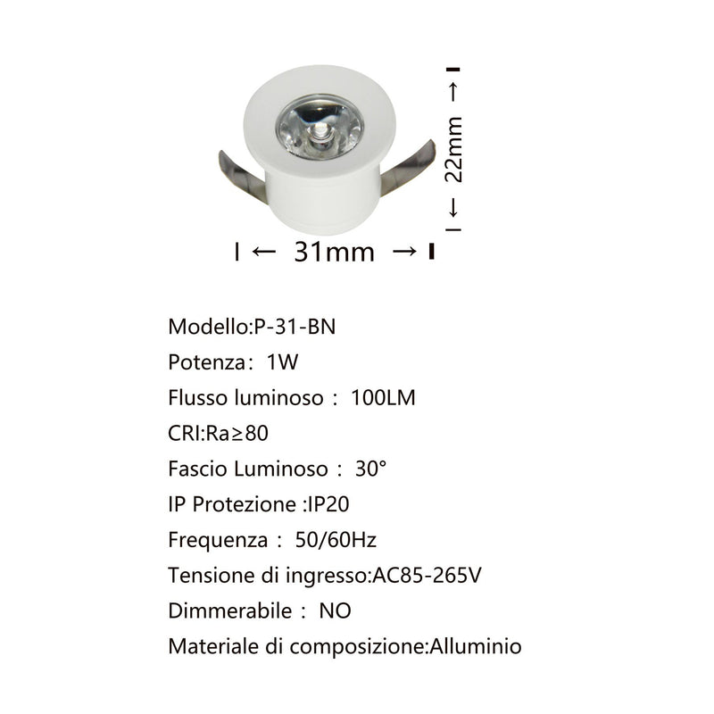 Faretto Led Da Incasso Tondo Bianco 1W P-31