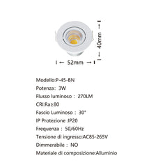 Faretto Led Da Incasso Bianco 3W P-45