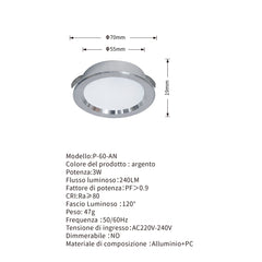 Faretto Led Da Incasso Tondo Argento 3W P-60